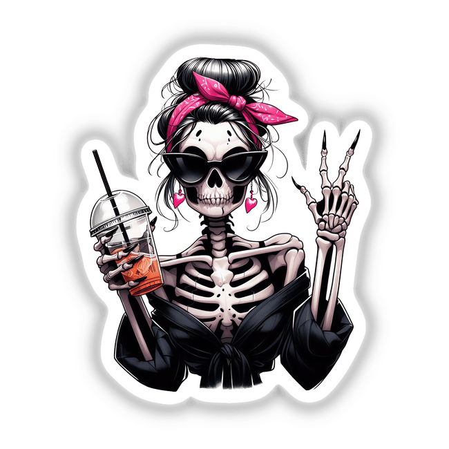 Spooky Halloween skeleton with a pink bandana and sunglasses, holding a drink and making the peace sign