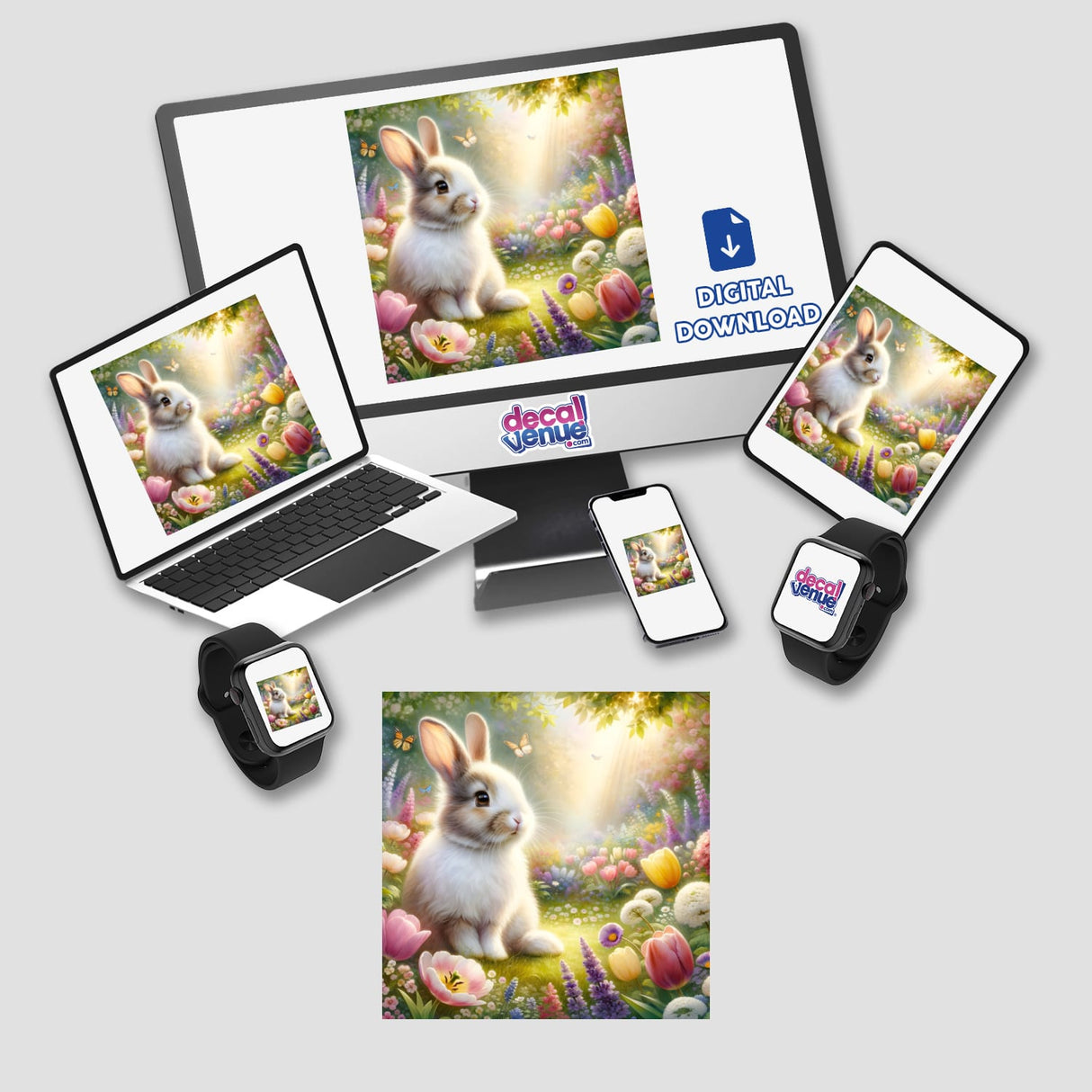 Rabbit in a Blooming Meadow Watercolor Illustration on a laptop, tablet, and smartwatch, highlighting Decal Venue's unique stickers and digital art offerings.