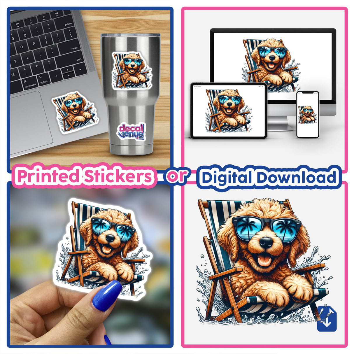 Peeking Golden Doodle Sitting in Beach Chair II sticker features a cartoon dog in sunglasses, relaxed in a chair, perfect for laptop decoration or as digital artwork from Decal Venue.