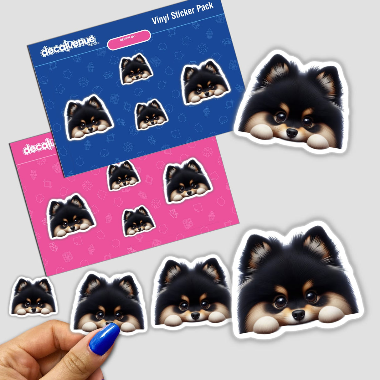 Peeking Tan and Black Pomeranian Pom Dog depicted as a charming sticker or digital artwork, capturing the breed's distinctive fluffy features. Perfect for adding personality to your collection.