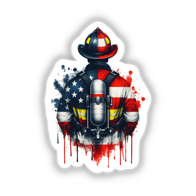 American Flag Firefighter First Responder - Digital artwork featuring a firefighter's protective gear against a patriotic American flag background.