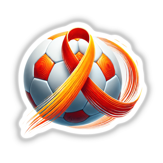Soccer Ball Orange Ribbon: A football adorned with an orange ribbon, ideal for stickers or digital downloads, reflecting a lively, sporty vibe. Perfect for creative sports enthusiasts.