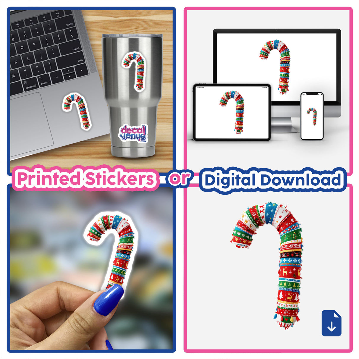 Collage of Candy Cane Ugly Christmas Sweater Style stickers on various objects, including a laptop and a cup, showcasing the unique sticker designs available from Decal Venue.