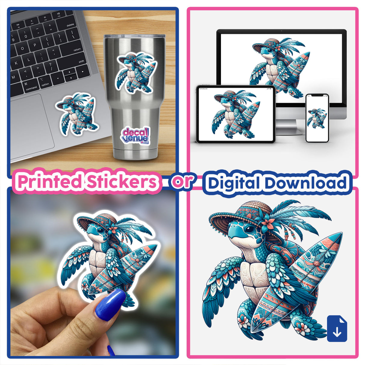 Sea Turtle Holding Surfboard in Summer Beach Hat