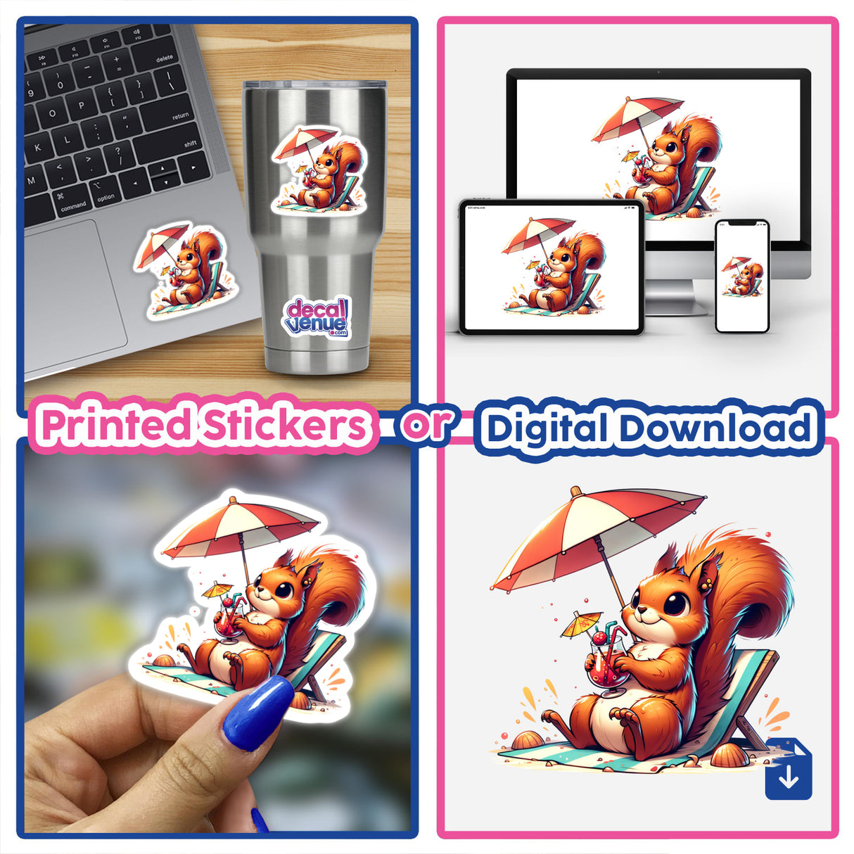 Sunbathing Squirrel Beach Umbrella sticker or digital artwork featuring a cartoon squirrel relaxing on a beach chair with an umbrella, available at Decal Venue.