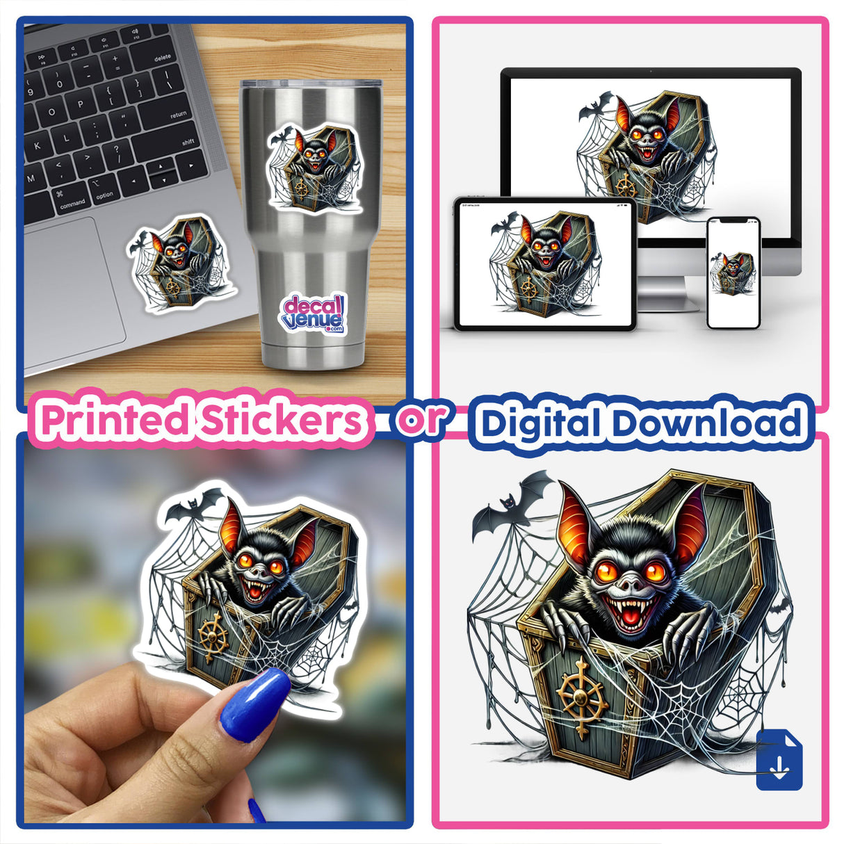 Halloween Vampire Bat Peeking Out of Coffin - Spooky digital artwork featuring a bat emerging from a coffin, available as printed stickers or digital download from DecalVenue.