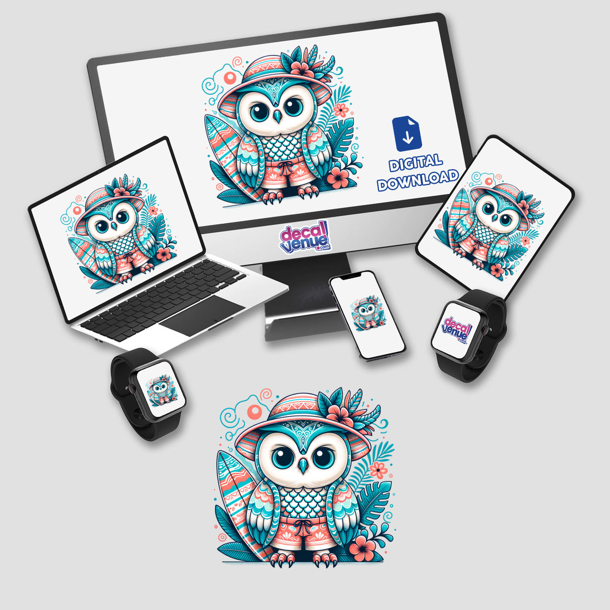 Owl in Summer Beach Hat with Surfboard