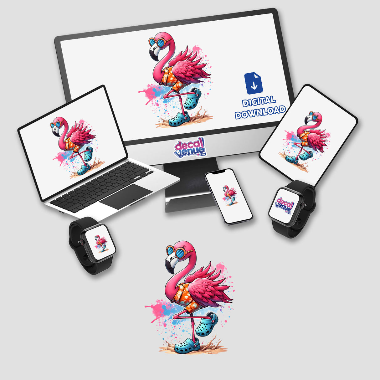 Beach Ready Summertime Flamingo II, available as stickers or digital artwork, showcases a vibrant flamingo design, capturing a whimsical beach theme, perfect for adding a fun touch to your collection.