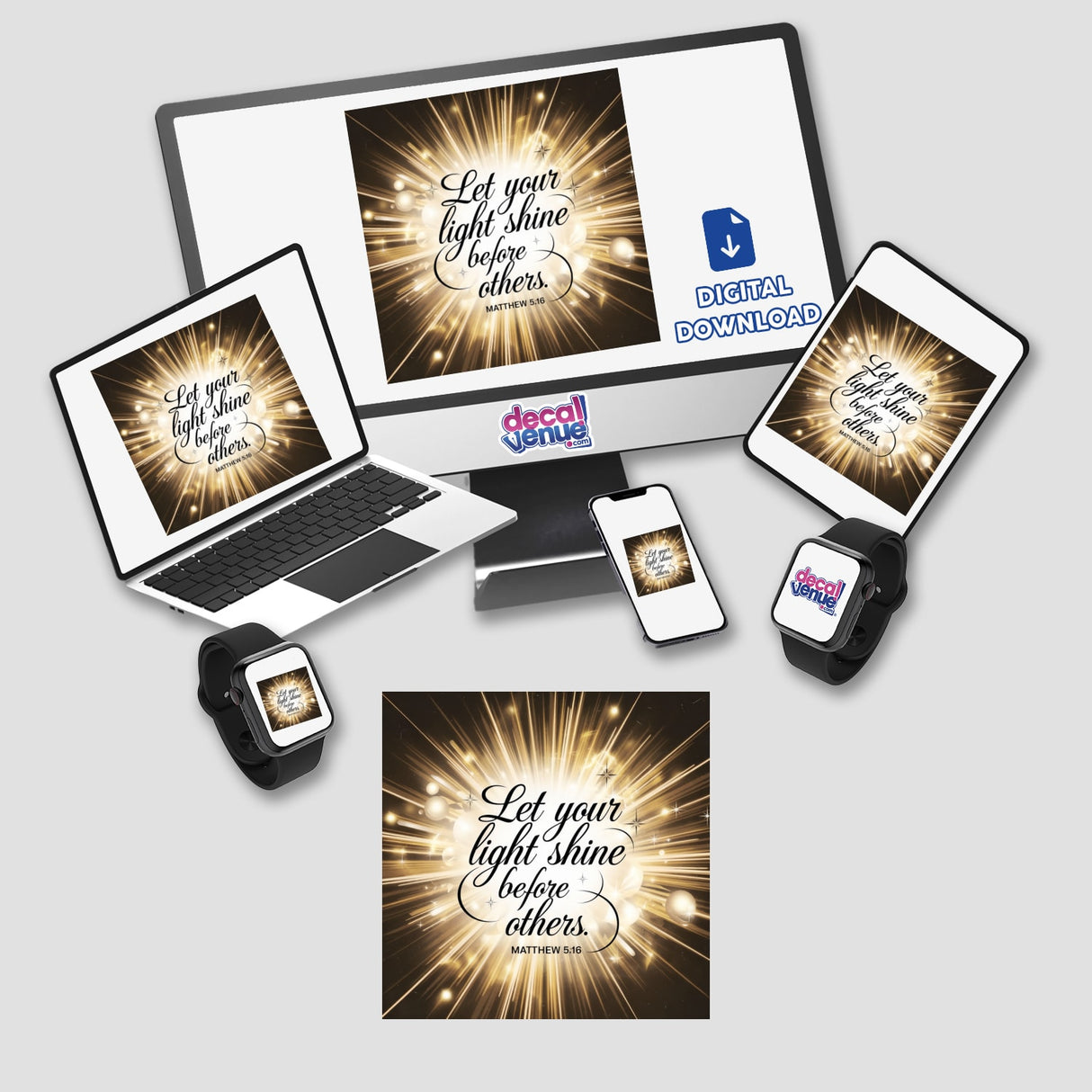 Let your light shine before others - Matthew 5:16 displayed on a laptop and other gadgets, available as stickers or digital artwork from Decal Venue.