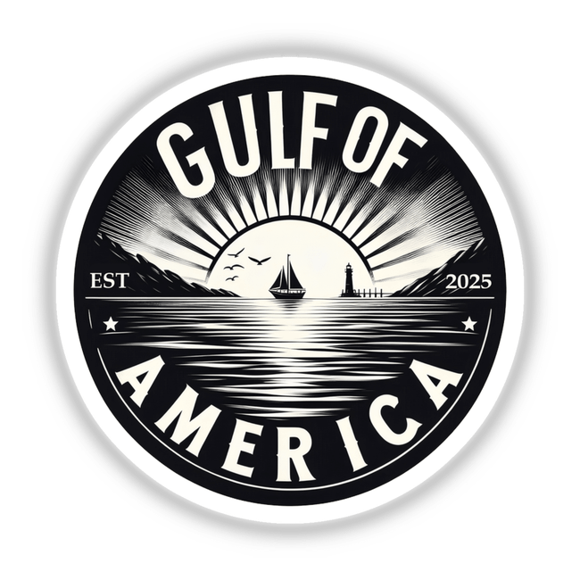 Gulf of America Est 2025 logo featuring a sailboat and lighthouse, available as stickers or digital artwork, embodying Decal Venue's unique vinyl and digital creations.