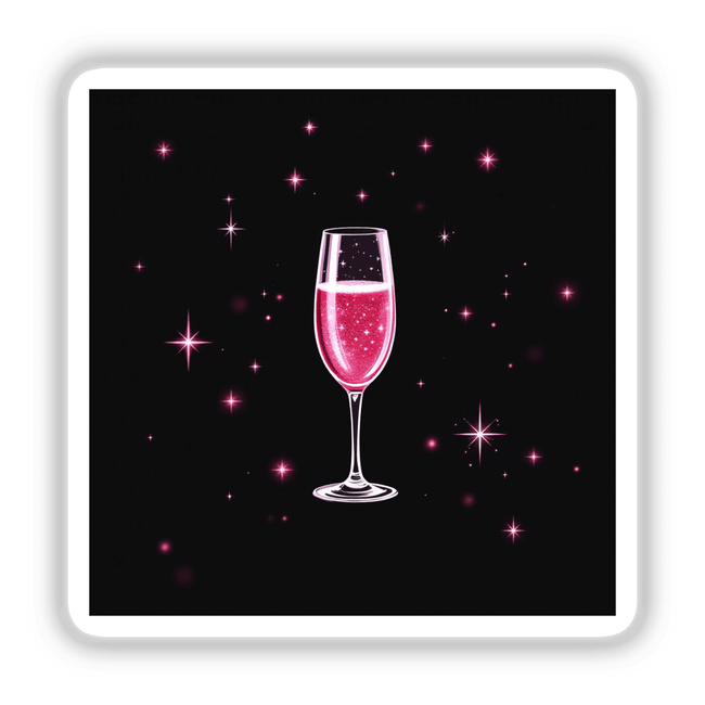 Pink Champagne Glass with Red Ribbon and Glitter Stars, captured in a close-up, showcasing a pink drink in elegant stemware, available as stickers or digital artwork from Decal Venue.