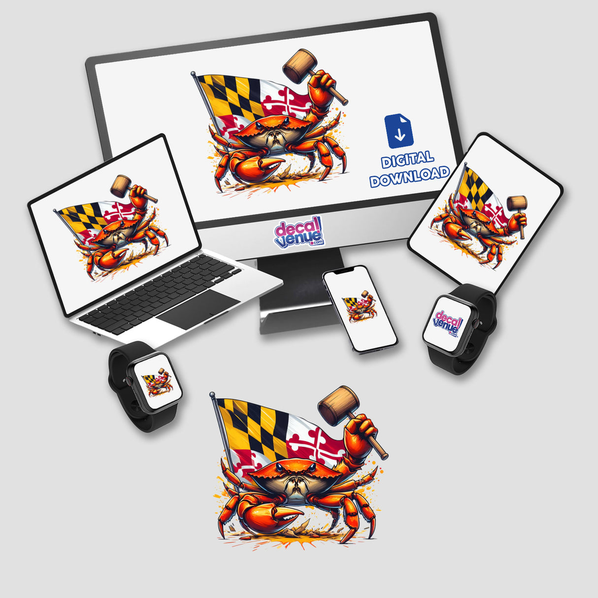 Maryland Steamed Crab Mallet Splatter design featuring a cartoon crab with a mallet on tech screens, available as stickers or digital artwork.