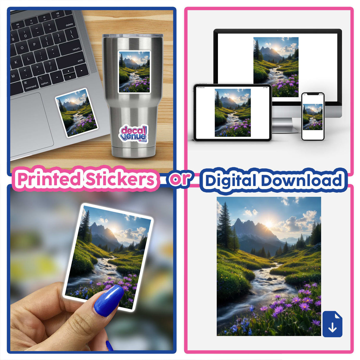 Mountain Stream at Sunrise with Wildflowers and Rolling Meadows depicted in a collage featuring a river, laptop display, and water bottle, available as unique stickers or digital artwork.