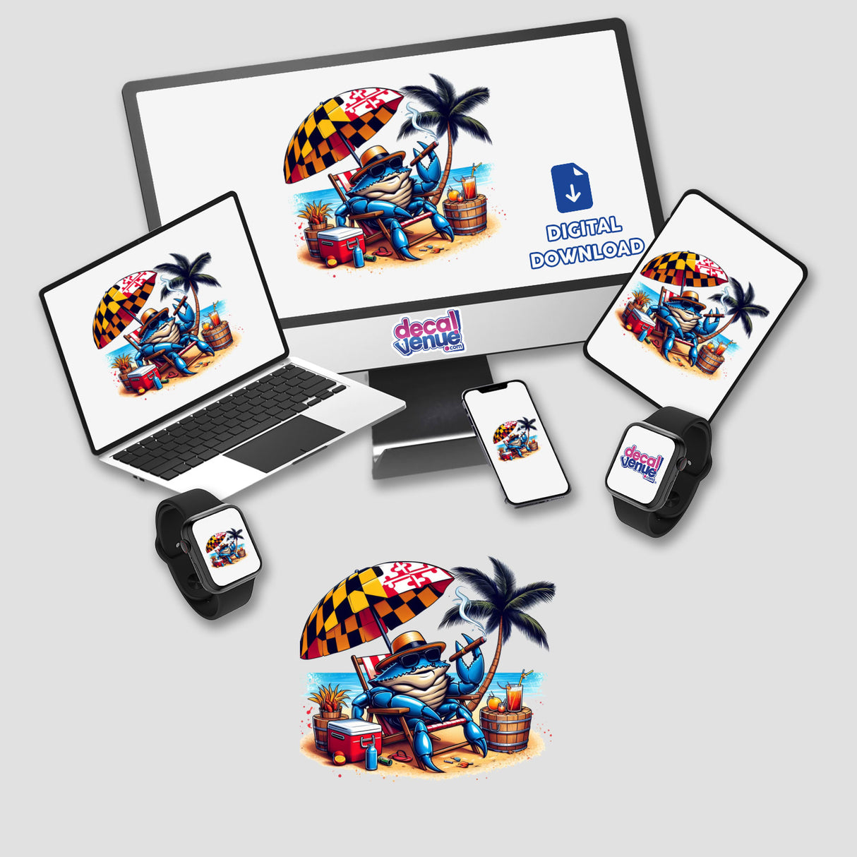 Maryland Summer Blue Crab in Beach Chair Smoking Cigar depicted on a computer monitor and laptop, available as stickers or digital artwork from Decal Venue, showcasing unique vinyl designs.