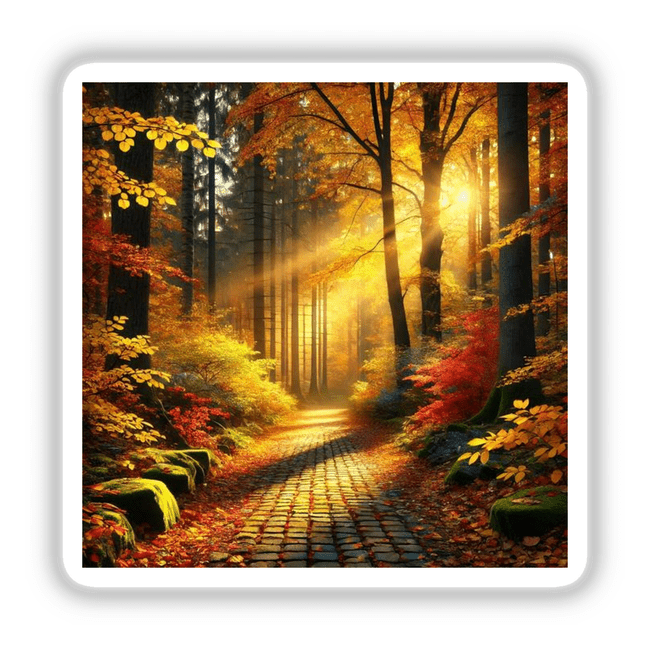 Golden Leaves - A Forest Path Covered in Autumn Foliage: A serene forest scene featuring a brick path blanketed with golden autumn leaves, available as stickers or digital artwork.