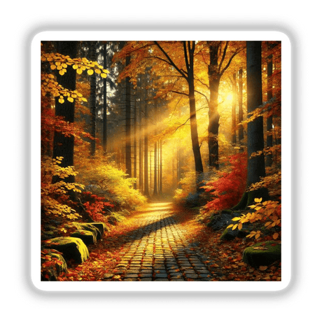 Golden Leaves - A Forest Path Covered in Autumn Foliage: A serene forest scene featuring a brick path blanketed with golden autumn leaves, available as stickers or digital artwork.