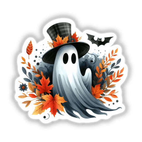 Fall Top Hat Watercolor Ghost sticker featuring a whimsical ghost adorned with a hat and surrounded by leaves, illustrated in a cartoon style. Available as stickers or digital artwork.
