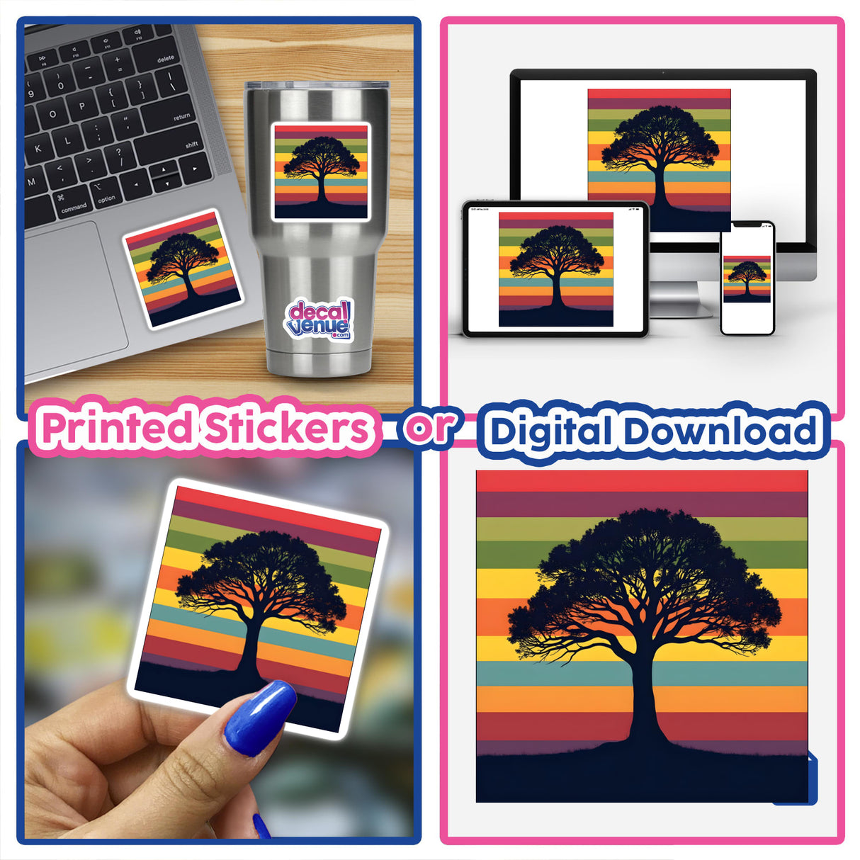 Collage featuring a laptop and phone displaying the Tree of Life Silhouette with Bold Stripes design, available as stickers or digital artwork from Decal Venue.