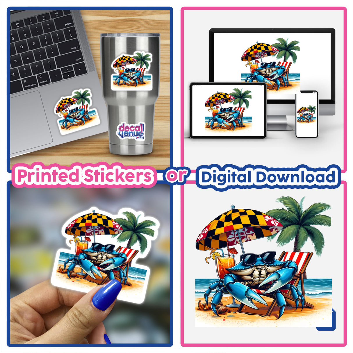 Maryland Shore Blue Crab Sitting in Beach Chair III displayed as a vibrant sticker collage, featuring a cartoon crab in sunglasses, emphasizing its playful beach theme, available as stickers or digital artwork.