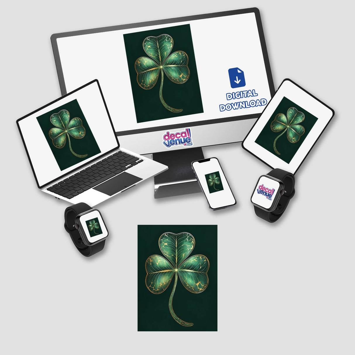 Golden Vein Shamrock – Lush Green Clover with Elegant Gold Accents featured on a computer monitor, laptop, and smartphone, showcasing its versatility as stickers or digital artwork.
