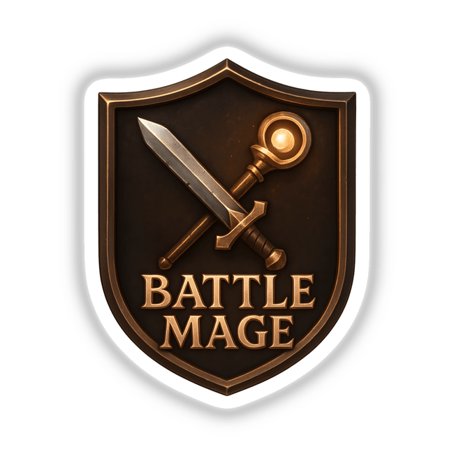 Battle Mage – RPG-Style Skill Badge featuring a bronze and silver hybrid crest design, available as stickers or digital artwork, perfect for adding a unique touch to your collection.