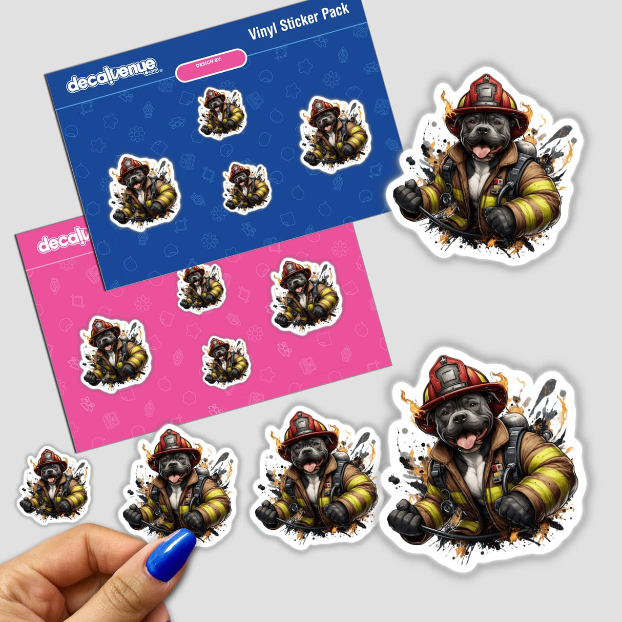 Firefighter Pitbull Dog sticker featuring a cartoon pitbull in a firefighter uniform. Available as a sticker or digital artwork from Decal Venue, known for unique vinyl stickers and digital art.