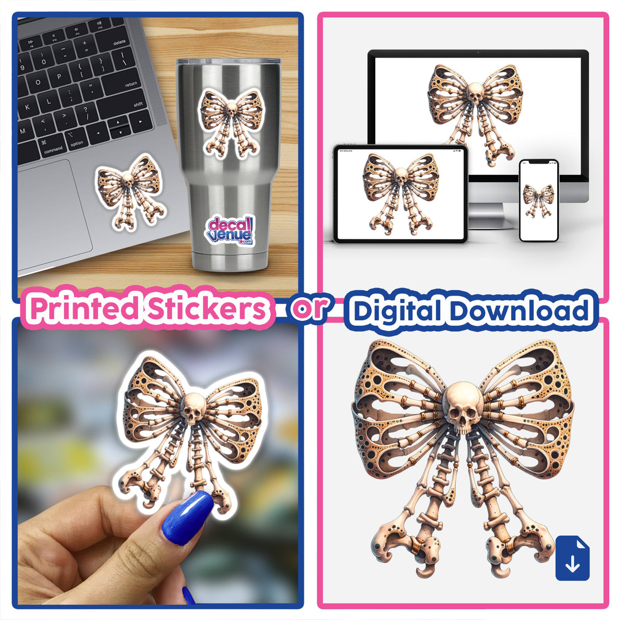 Skeleton Bones Coquette Bow digital artwork collage featuring a skull with a bow, perfect for unique stickers or digital downloads from DecalVenue.