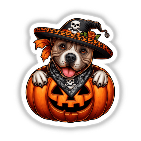 Pitbull Pirate Dog in a Pumpkin: A dog wearing a pirate hat and bandana, with a pumpkin-themed background, available as stickers or digital artwork from Decal Venue.