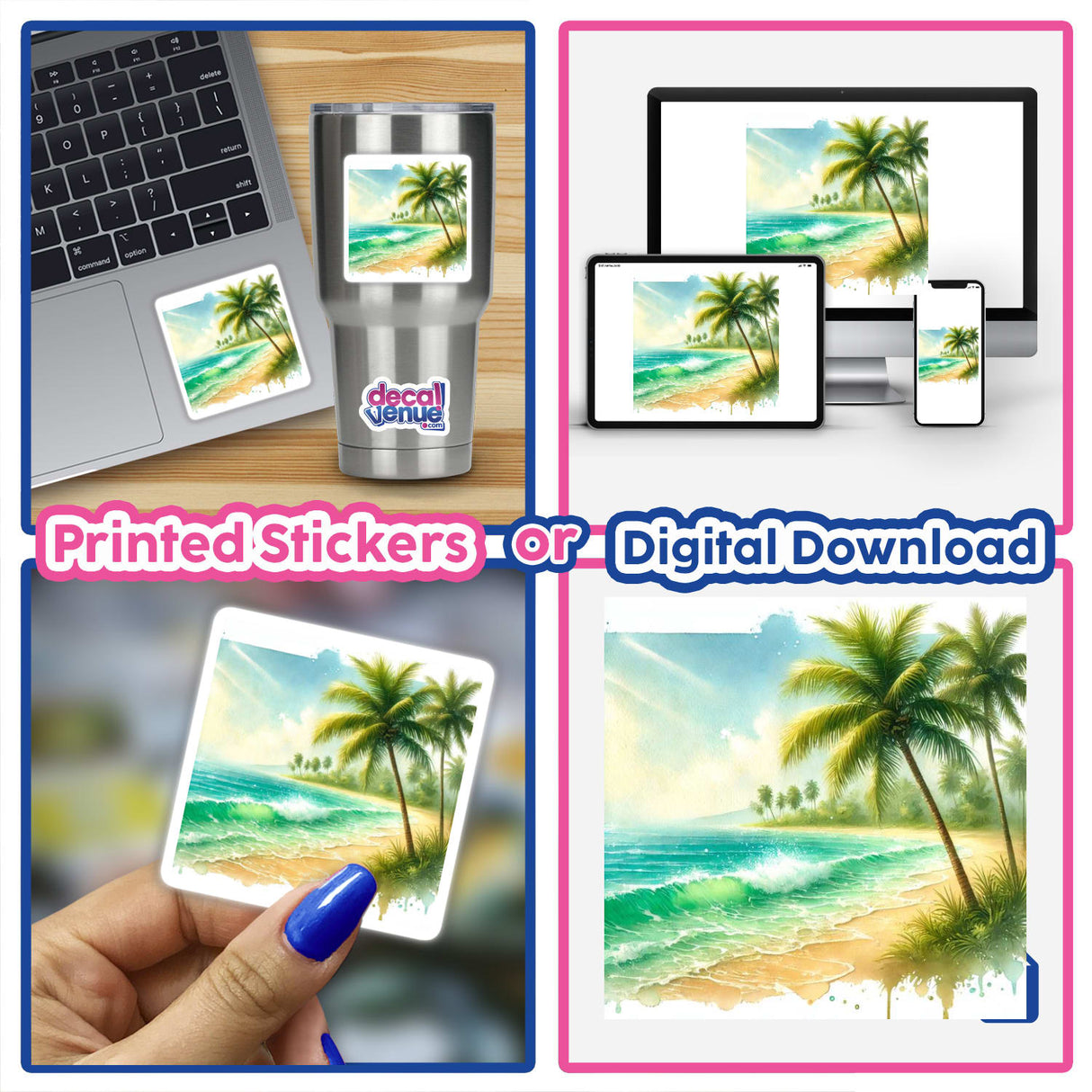 Tropical Paradise - Watercolor Palms and Ocean Waves collage featuring beach scenes, palm trees, and digital artwork, available as stickers or digital prints.