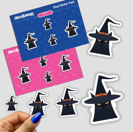 Halloween Black Cat in Witch Hat sticker, featuring a cartoon black cat wearing a pointed hat. Available as a sticker or digital artwork from Decal Venue's unique collection.