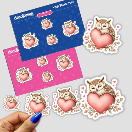 Sleeping Owl on a Heart sticker pack featuring charming cartoons of owls embracing hearts, ideal for personalizing items or enhancing digital art collections with whimsical, serene designs.