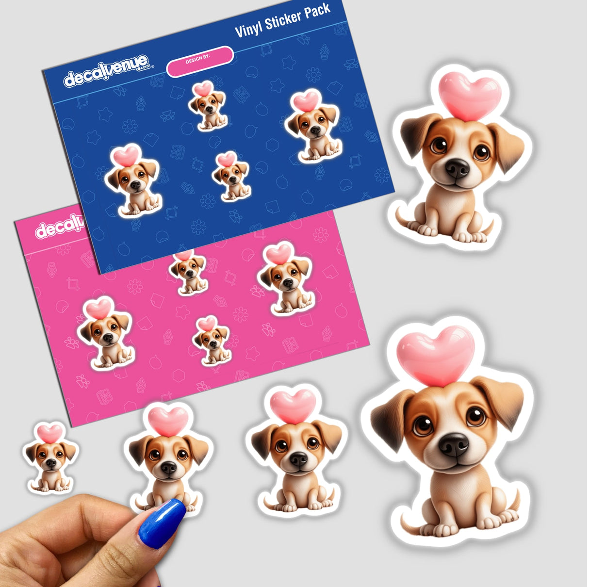 a sticker of a dog with a heart on its head