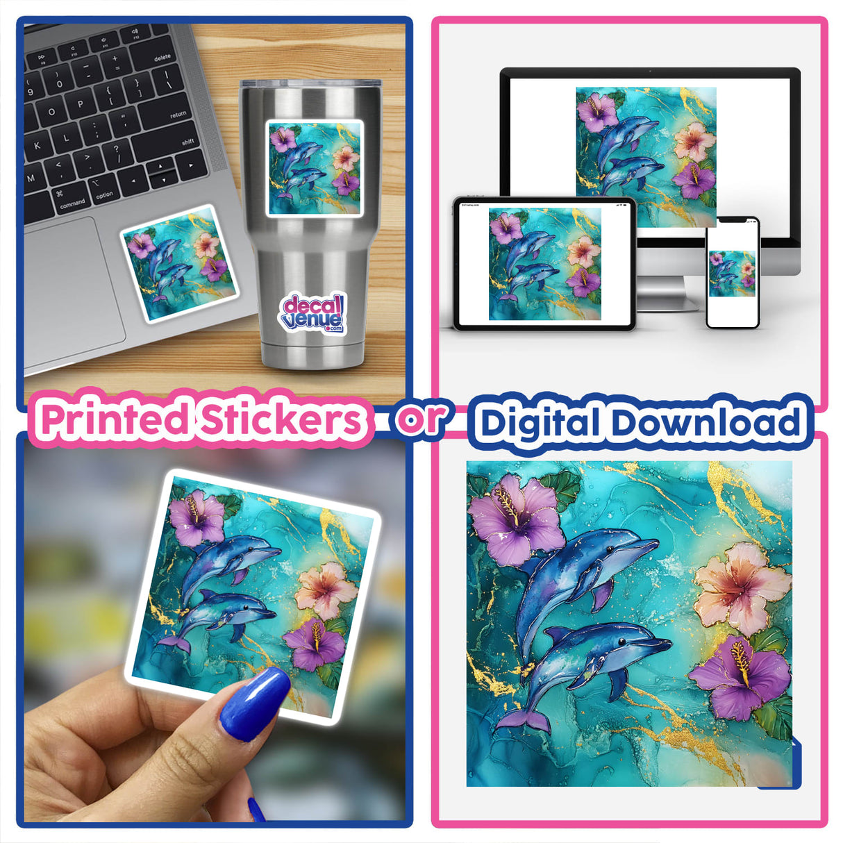 Ocean Scene with Dolphins and Hibiscus Flowers collage, available as stickers or digital artwork, featuring vibrant dolphin and flower imagery for creative decor from Decal Venue.