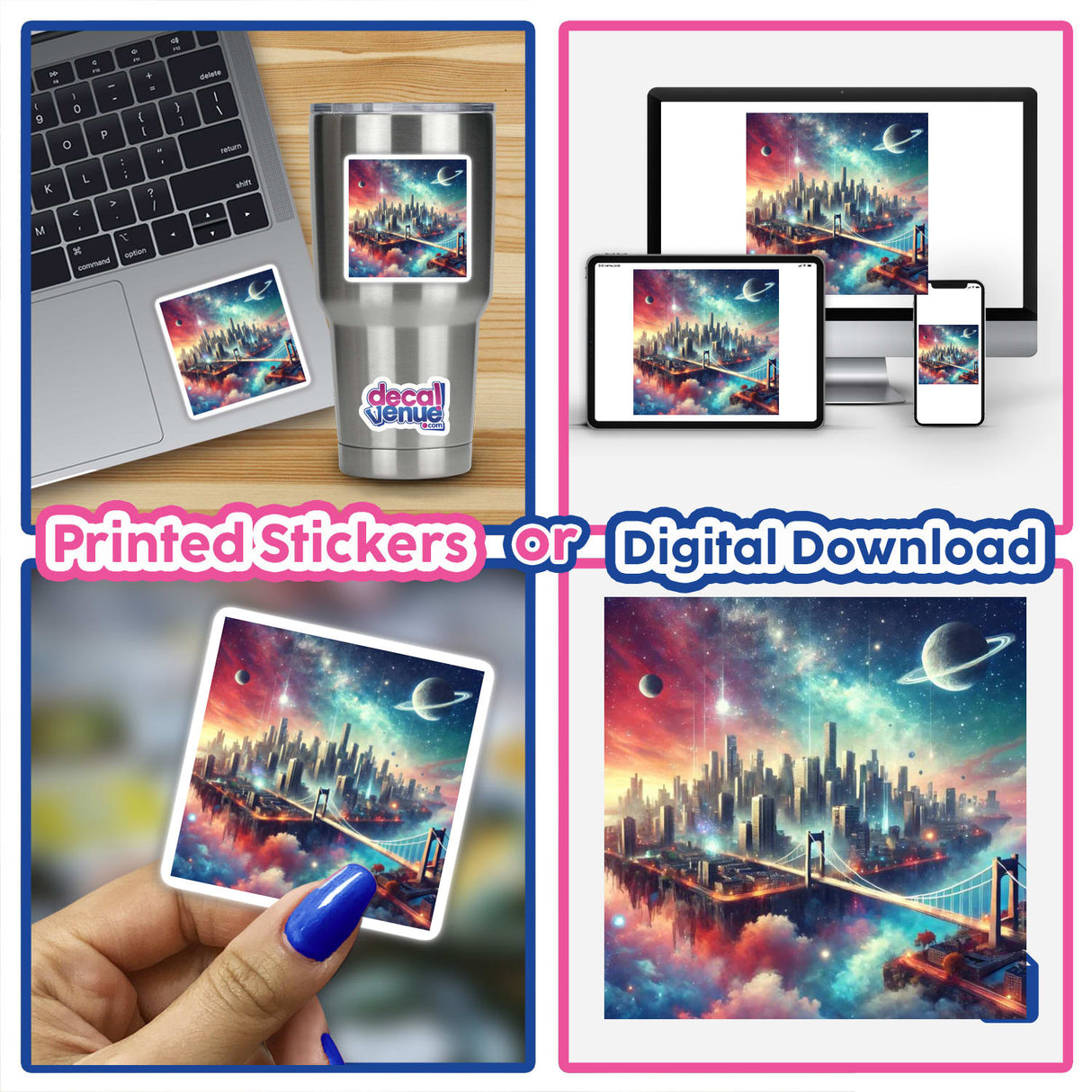 Collage showcasing Dreamscape City - Floating Islands with Urban Skylines sticker or digital artwork; includes a laptop with stickers, a hand holding a city image, and close-ups of gadgets.