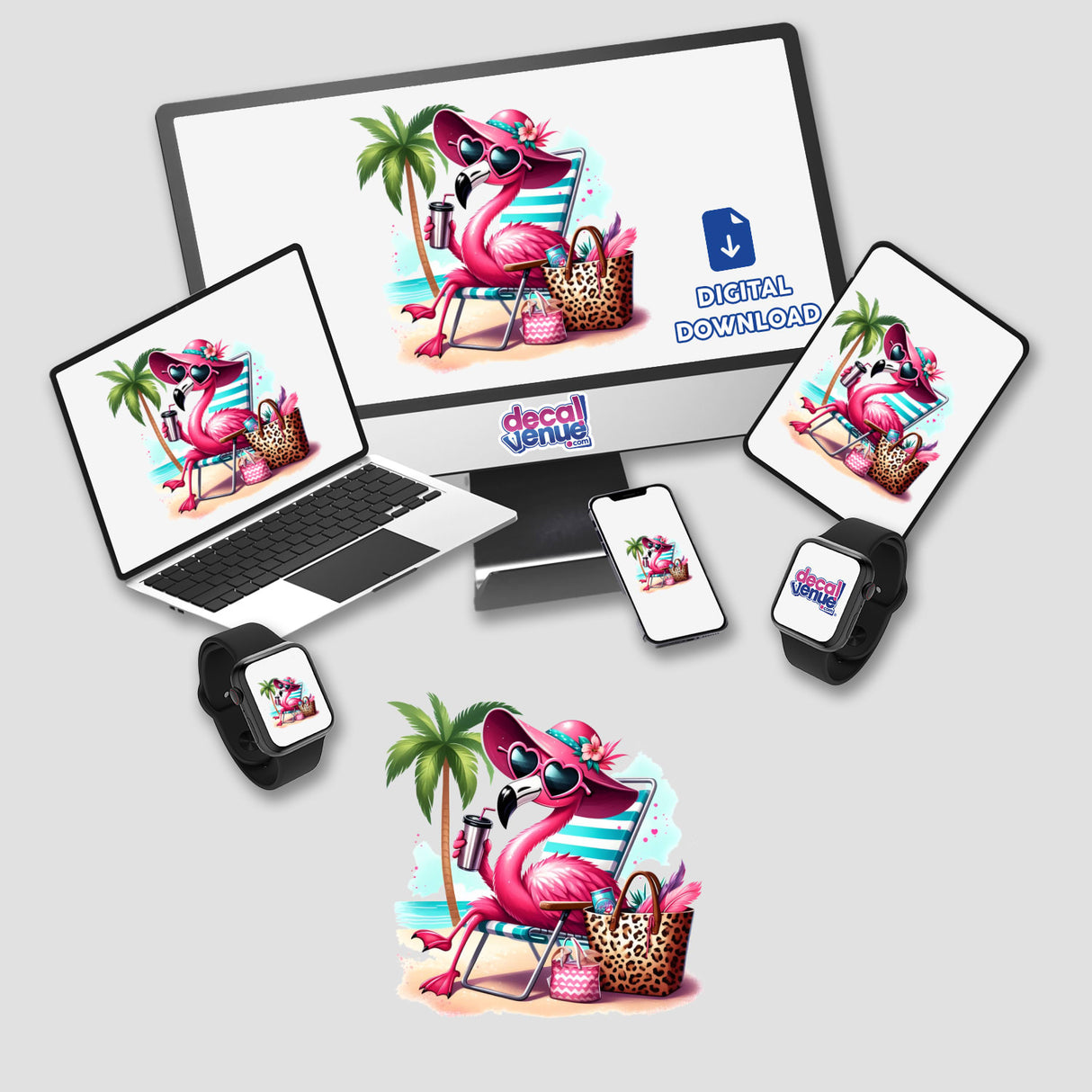 Sassy Leopard Accent Flamingo Bird at Beach II design features a cartoon flamingo on a beach chair, showcased on a laptop and monitor, available as stickers or digital artwork.