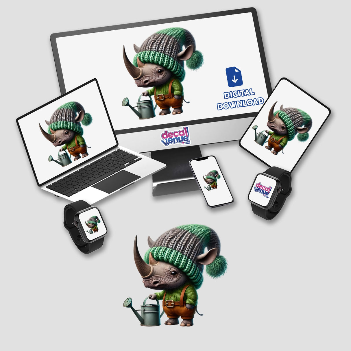 Rhino Gnome with Watering Can digital artwork displayed on a computer monitor and laptop, featuring a cartoon rhino holding a watering can. Available as stickers or digital artwork.