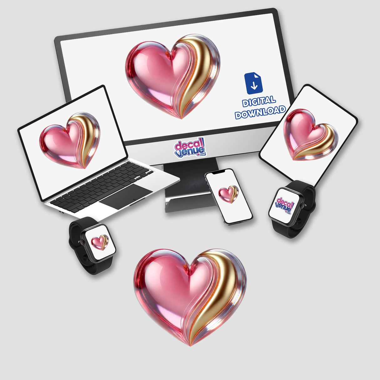 Heart Pink and Gold stickers or digital artwork featuring a heart logo displayed on computer screens, a laptop, and a tablet, showcasing Decal Venue's unique designs.