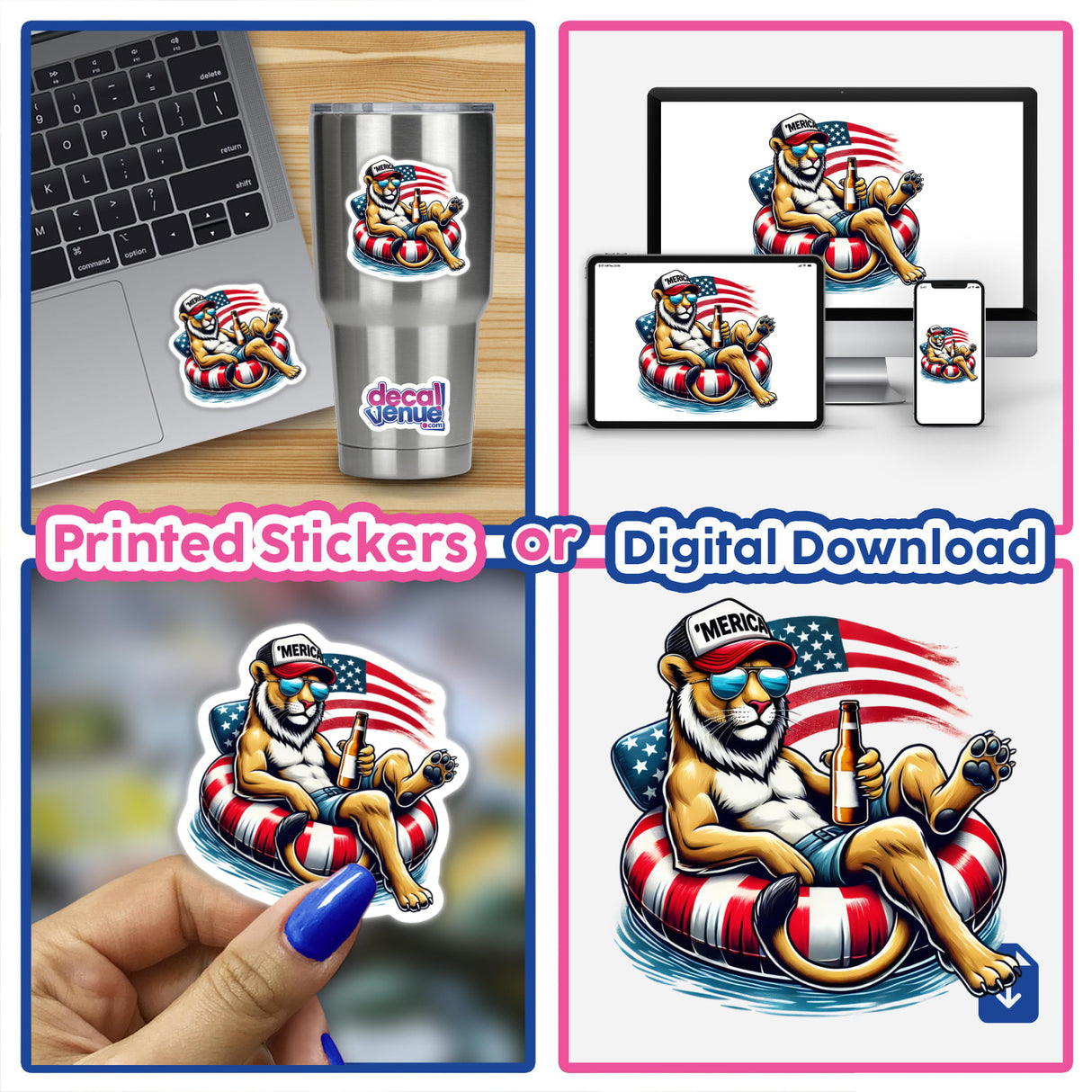 Mountain Lion American Flag Float Merica digital artwork featuring a cartoon lion wearing sunglasses and a hat, holding a beer on a float. Available as stickers or digital art.