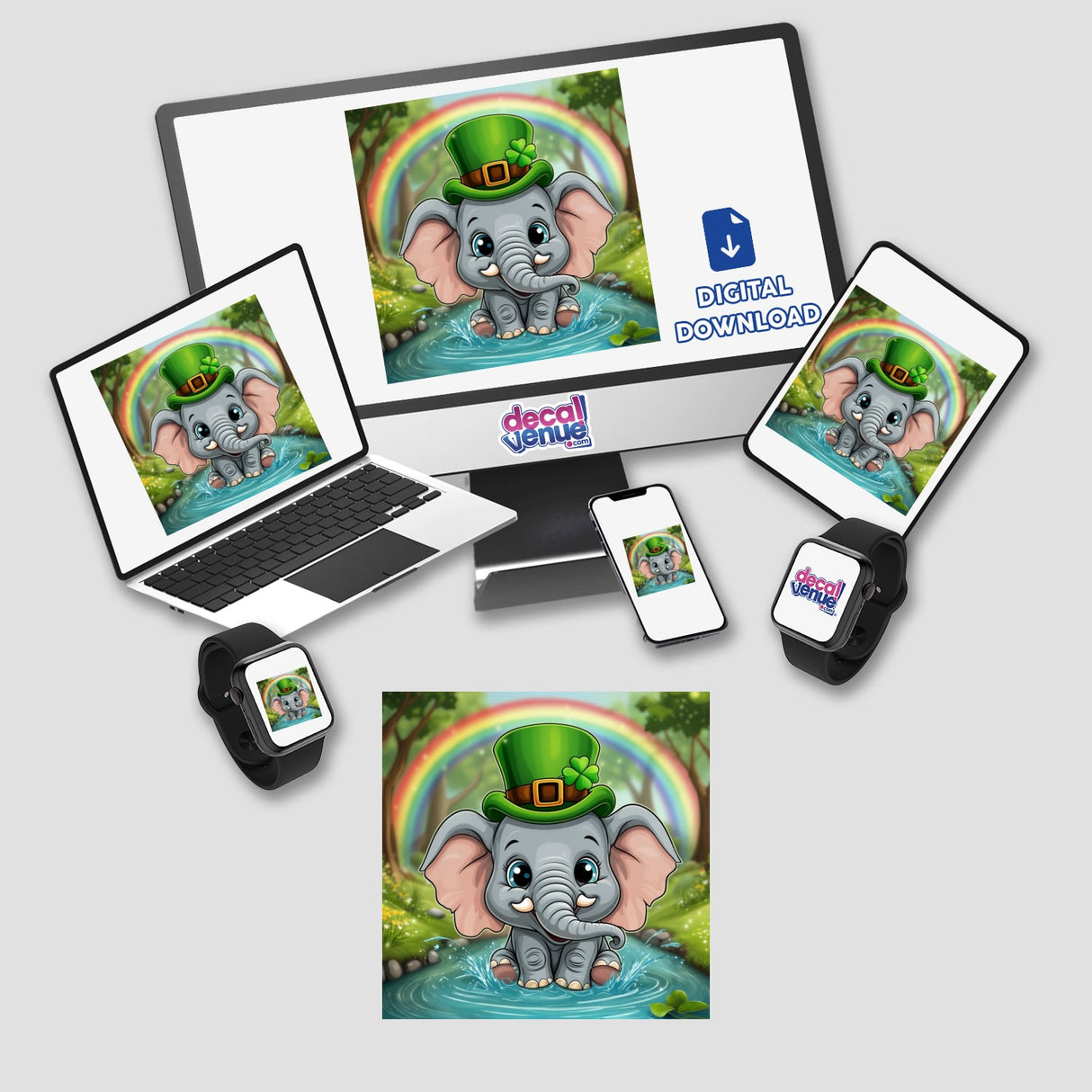 Elephant with Leprechaun Hat and Rainbow