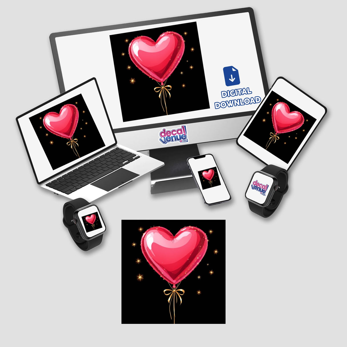 Heart-Shaped Balloon Bouquet with Gold Ribbon displayed on a computer monitor and laptop screen, available as unique stickers or digital artwork from Decal Venue.
