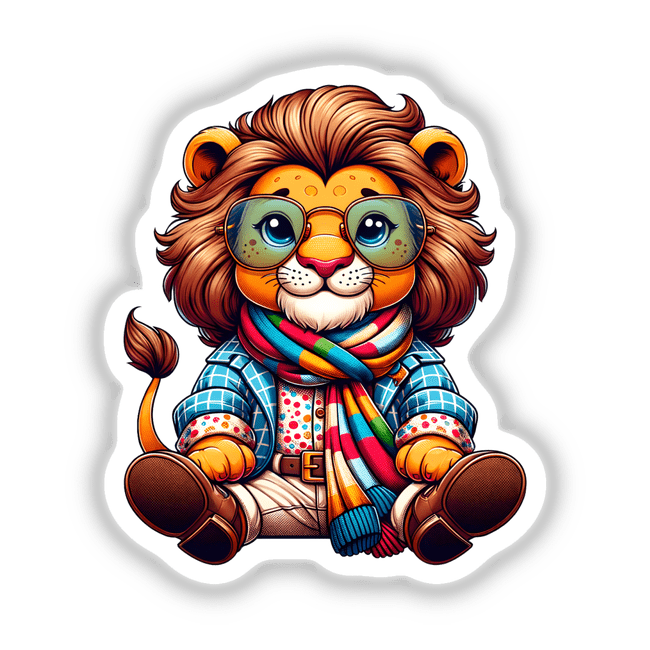Stylish Lion cartoon wearing glasses and a scarf, available as stickers or digital artwork from Decal Venue.
