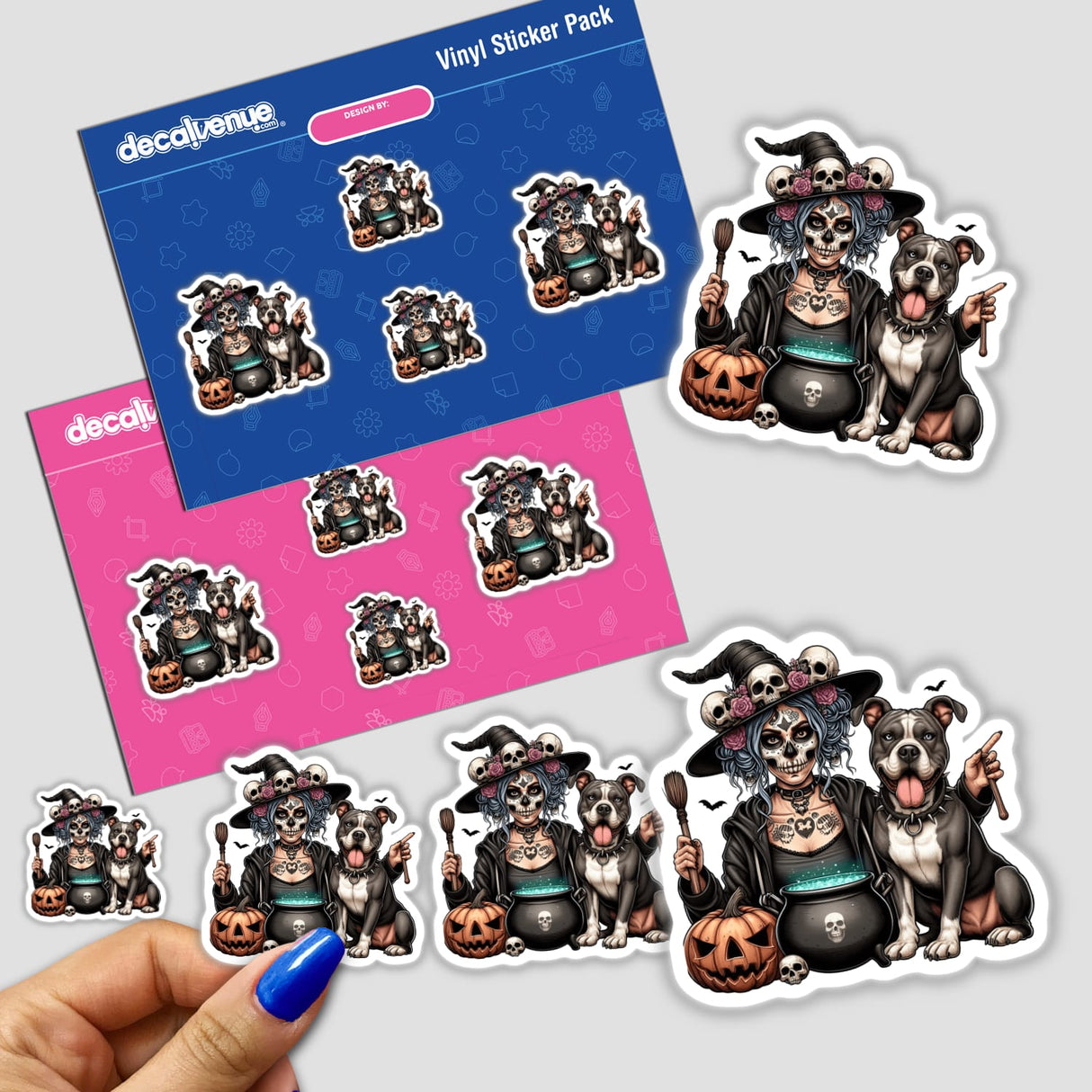 Pitbull Dog and Mama Witch Halloween Brew stickers featuring cartoon dogs, carved pumpkins, and a person painting a pumpkin on their finger; available as stickers or digital artwork from Decal Venue.