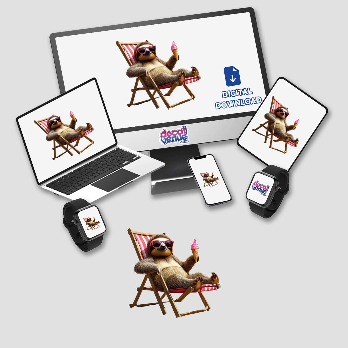 Sunny Sloth Relaxing on Beach Chair as a cartoon sloth sits in a chair holding an ice cream cone, displayed on a computer monitor and laptop. Available as Stickers or Digital Artwork.