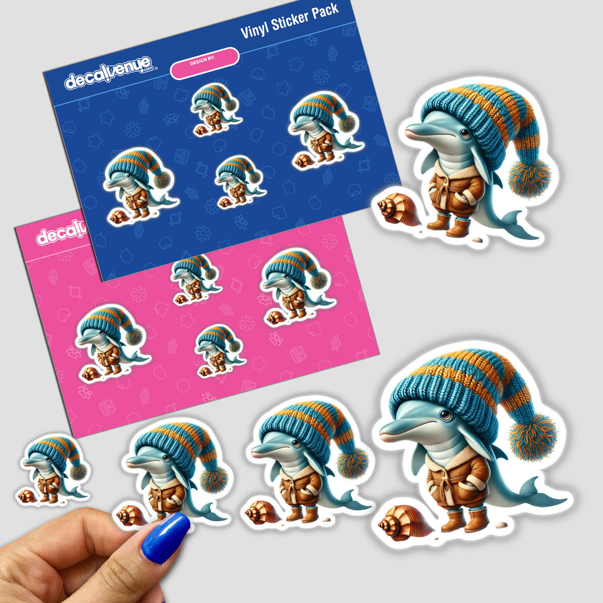 Sticker pack featuring Dolphin Gnome with Seashell, showcasing cartoon dolphins in hats and boots.