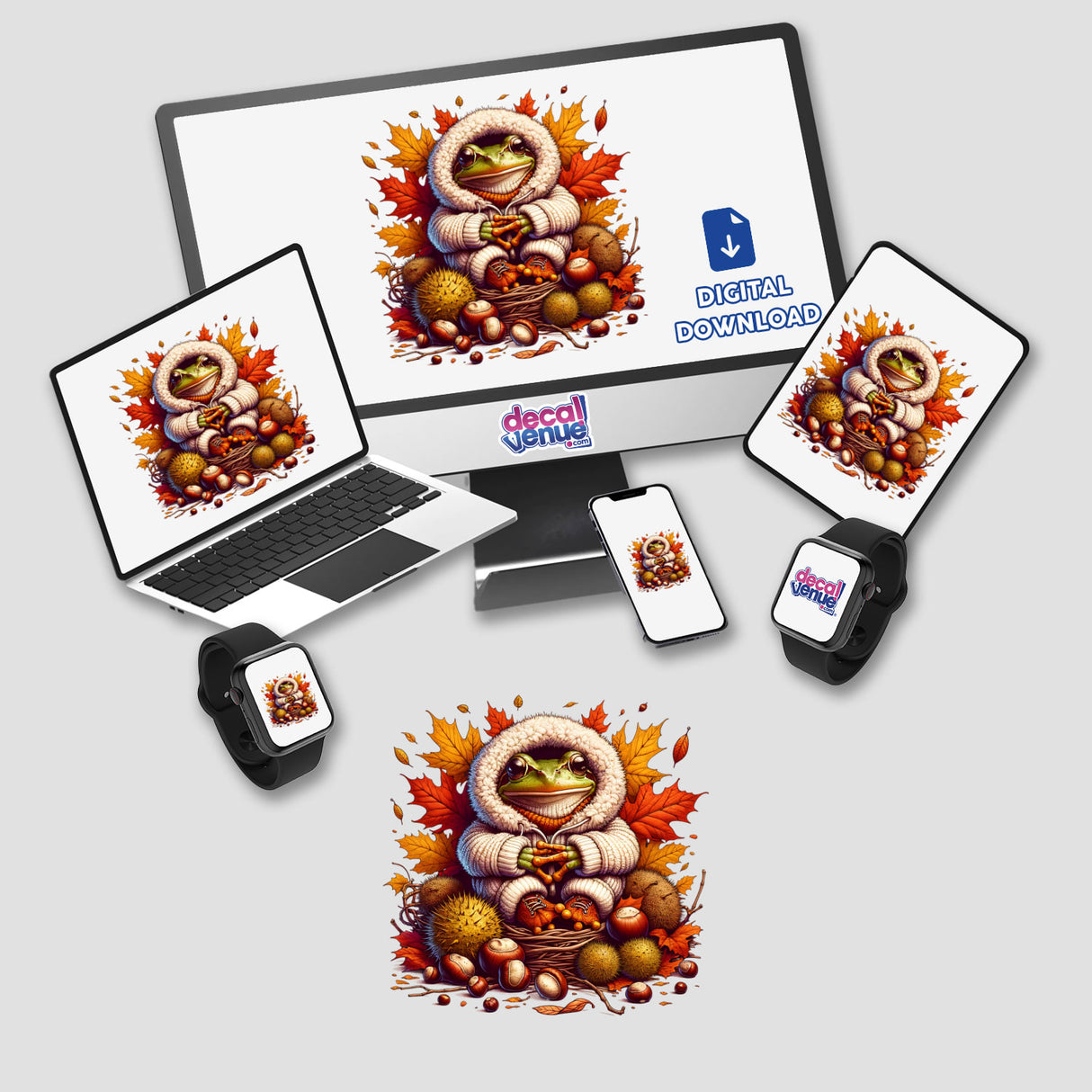 Autumn Frog in Cozy Sweater displayed on various devices including a laptop, computer monitor, smartphone, smartwatch, and tablet, showcasing the charming cartoon frog available as stickers or digital artwork.
