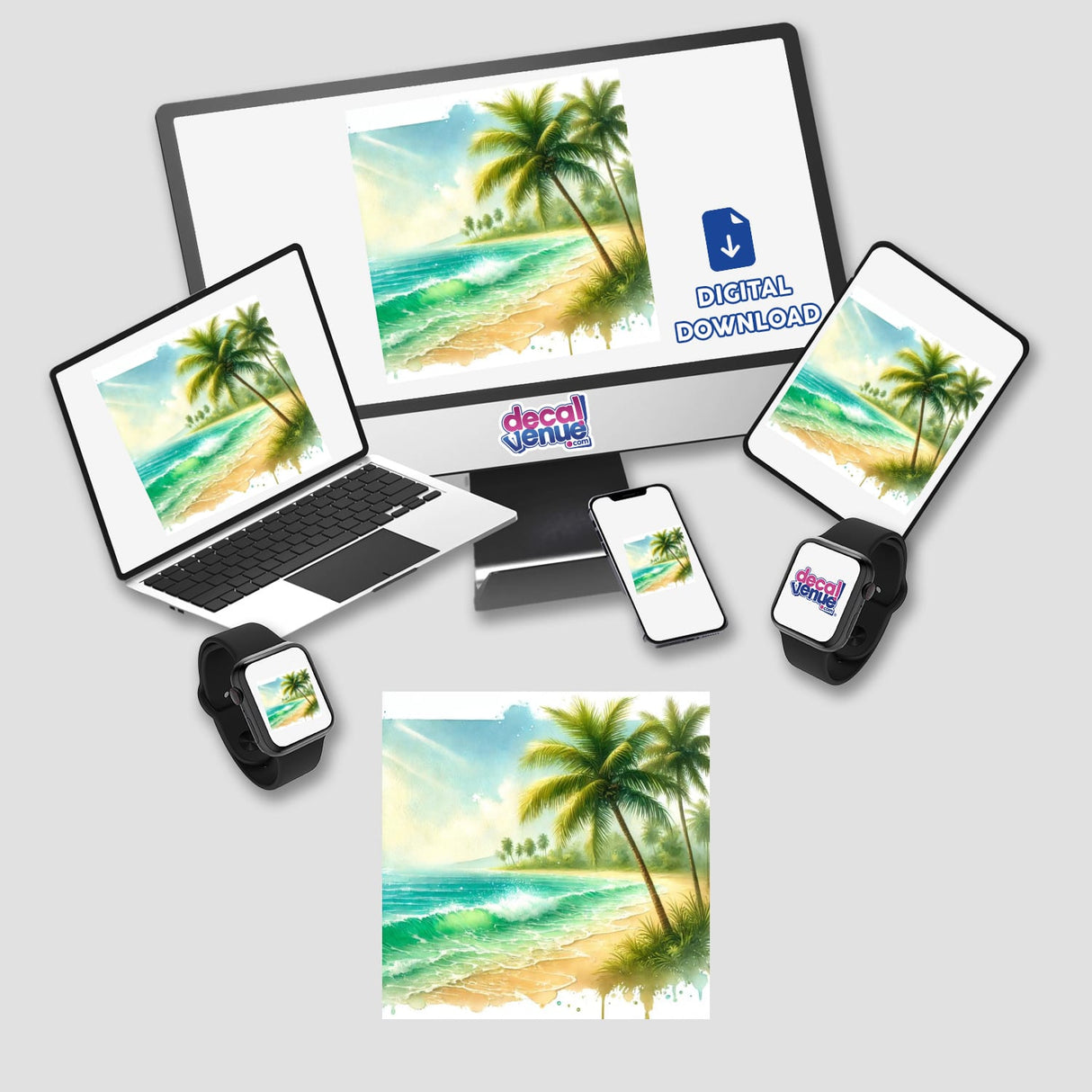 Tropical Paradise - Watercolor Palms and Ocean Waves digital artwork displayed on a laptop and monitor.