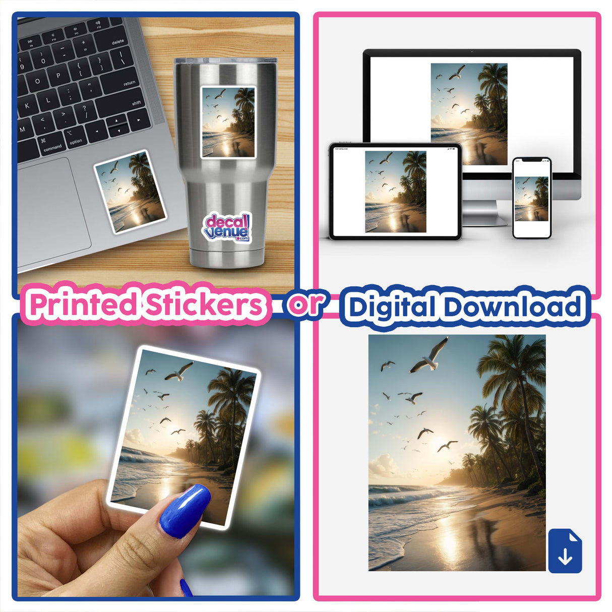 Golden Shore Seagulls Over Tropical Beach collage featuring beach scenes and seagulls, displayed on a laptop and phone, capturing a serene coastal vibe. Available as stickers or digital artwork.