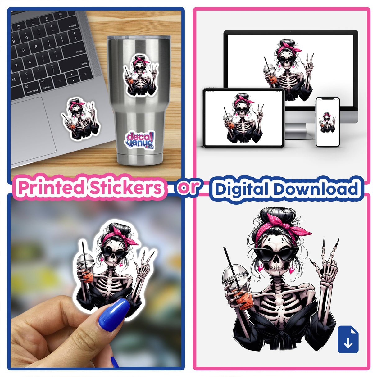 Spooky skeleton with pink bandana illustrated digital artwork for stickers or digital download