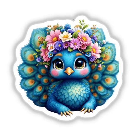 Vibrant Peacock with a Spring Flower Crown: A cartoon bird art piece featuring a peacock with a floral crown, available as unique vinyl stickers or digital artwork from Decal Venue.