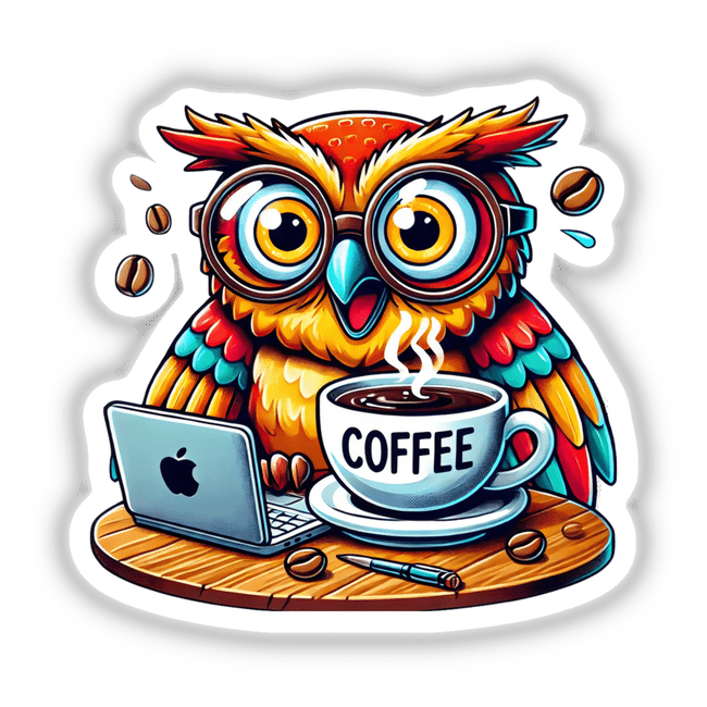 Caffeine Addicted Owl Coffee: Cartoon owl with glasses at a table with a laptop and coffee cup, available as stickers or digital artwork.